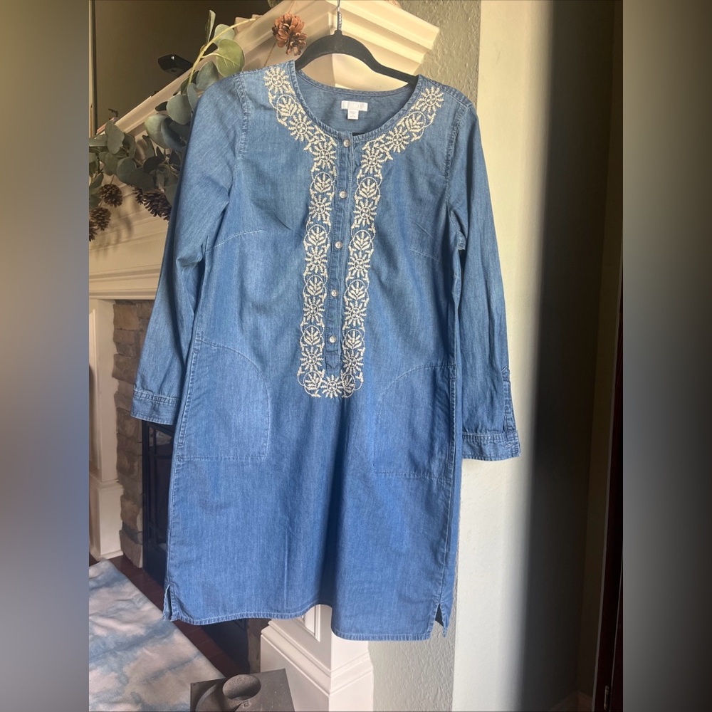 J Jill Chambray Women’s Embroidered Dress Size Small Petite Blue